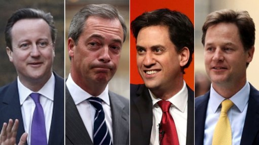 משמאל לימין: דיוויד קמרון (ראש הממשלה), נייג'ל פראג' (UKIP), אד מיליבנד (לייבור), ניק קלג (ליב דמס)