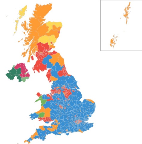 בכחול: מחוזות בהם ניצחו השמרנים